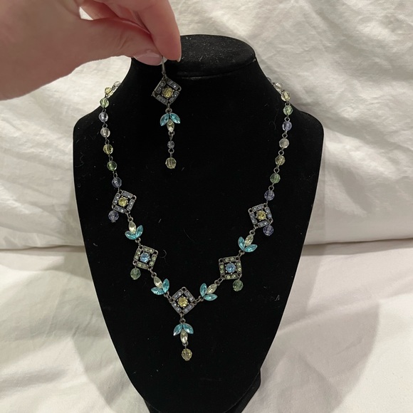 Necklace and earrings blue, green yellow crystal - Picture 1 of 2